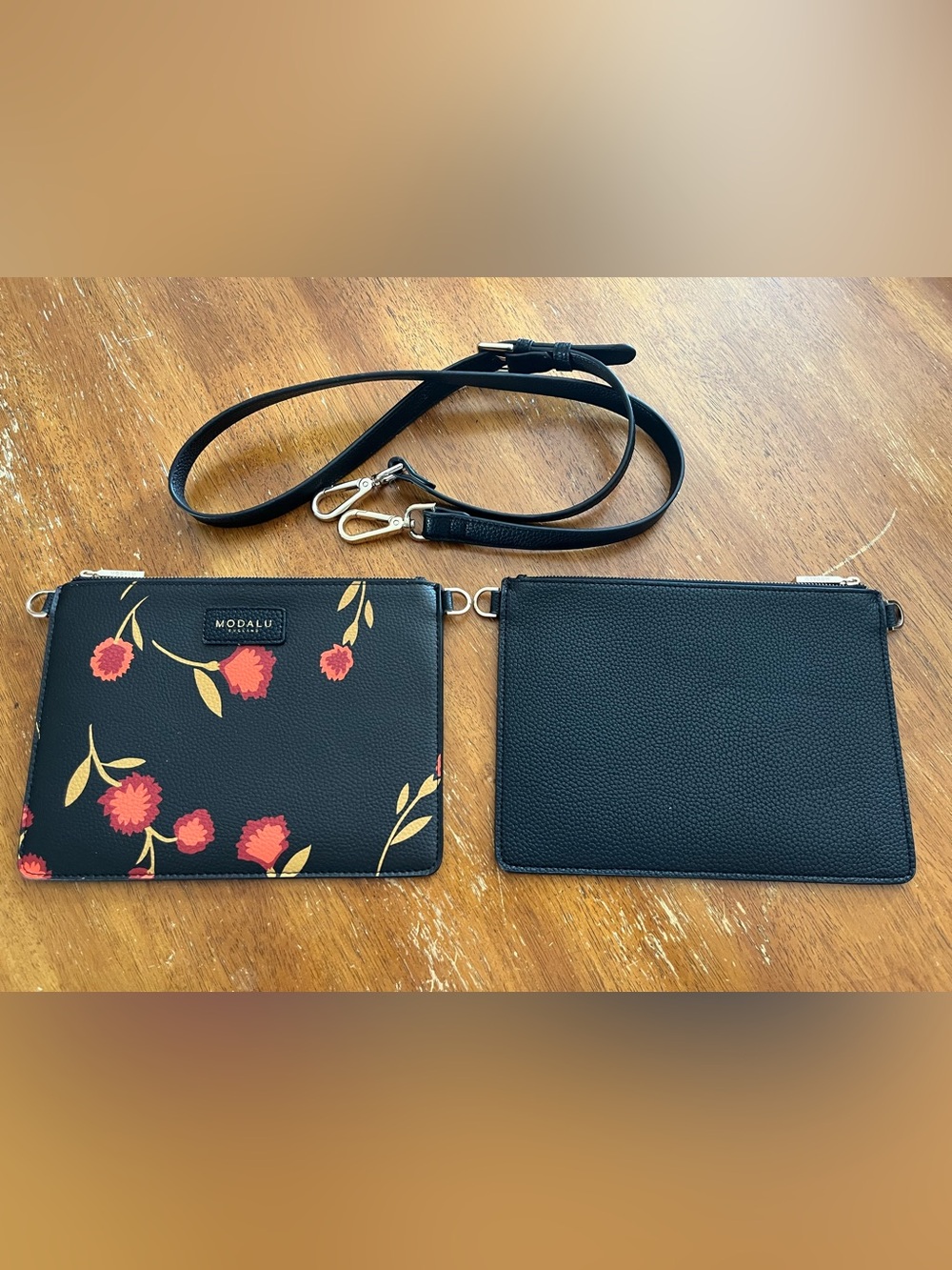 Modalu Black Floral Crossbody Pouch Set with Detachable Strap